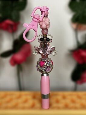Pink Rhinestone Frog Handmade Beaded Keychain Pen